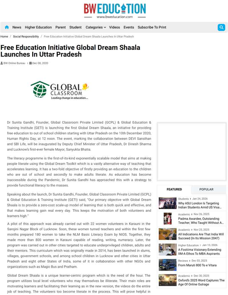 Free Education Initiative Global Dream Shaala Launches In\n                    Uttar Pradesh