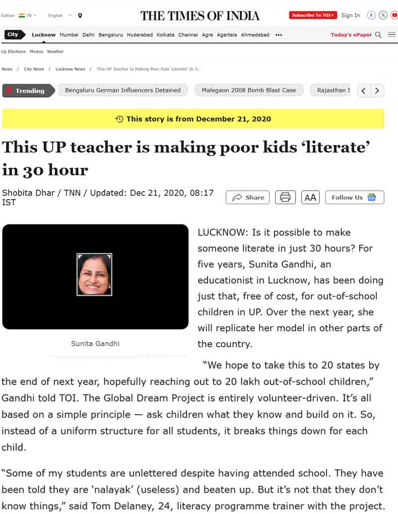 Educationist in Lucknow making poor kids literate in 30\n                    hours, Times of India, 2020